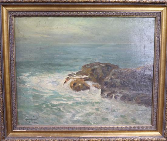 Charles Bryant (1883-1937) Waves breaking on the shore, 31 x 39cm